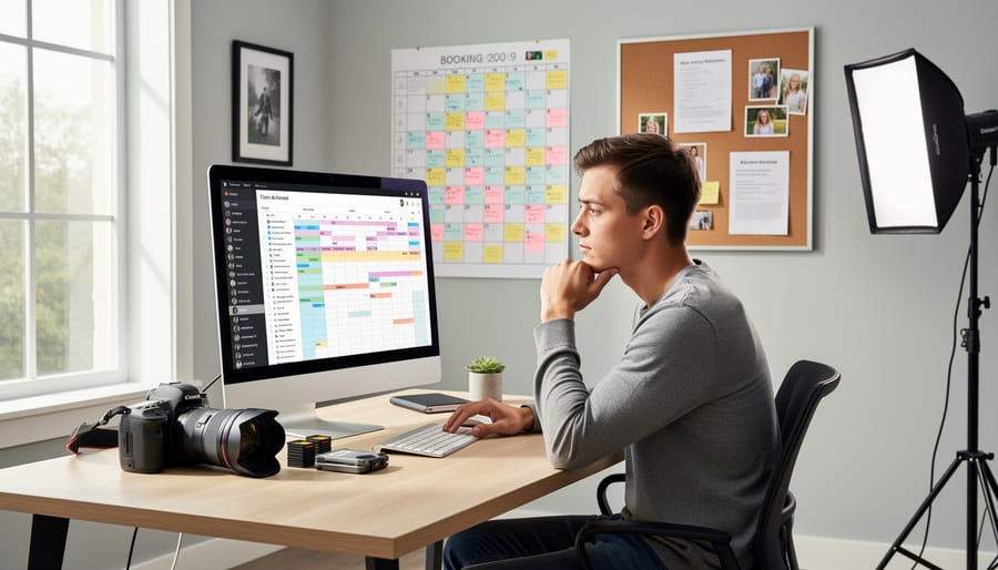 Photographer working late at desk surrounded by multiple cameras and computers reviewing busy schedule