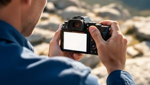 Over-the-shoulder view of a photographer holding a mirrorless camera in bright midday sun, the LCD washed out by glare, with hands and camera in sharp focus against a blurred sunlit rocky landscape.