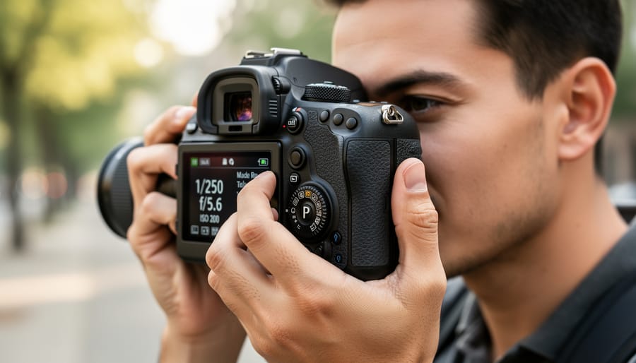 Photographer reviewing camera settings on LCD screen while shooting outdoors