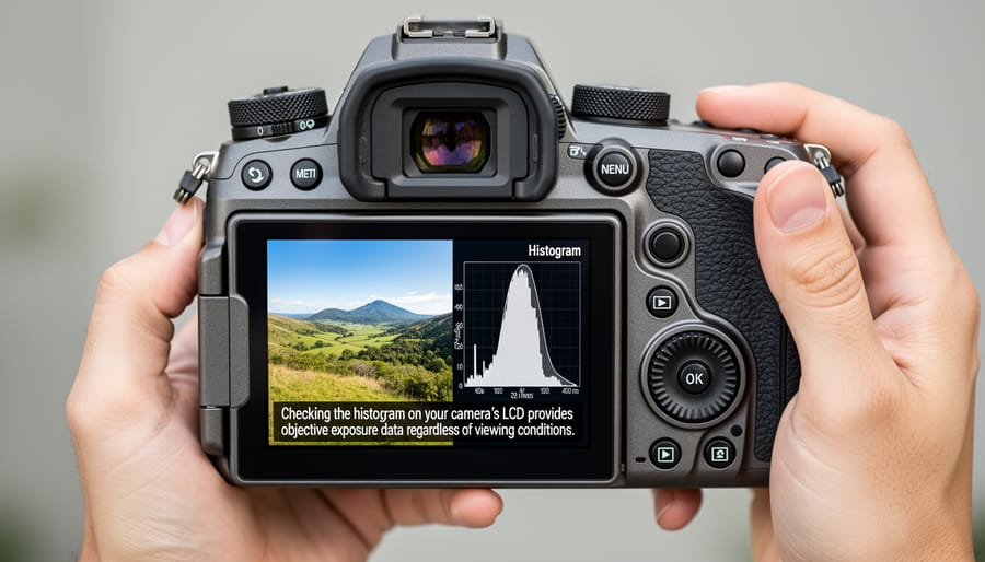 Photographer reviewing camera histogram display on LCD screen in controlled lighting