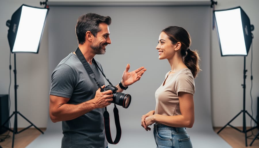 Photographer and model reviewing images together on camera in professional studio environment
