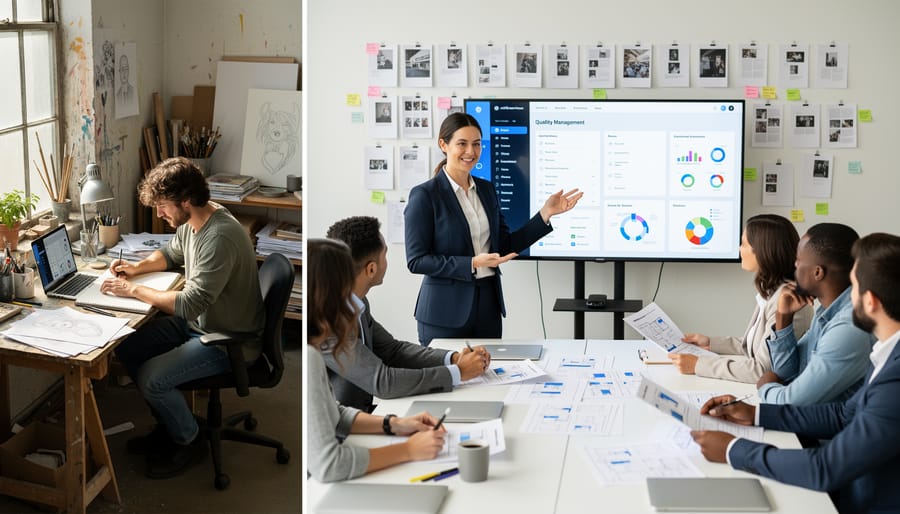 Senior photographer training assistant photographer while reviewing camera settings at professional event