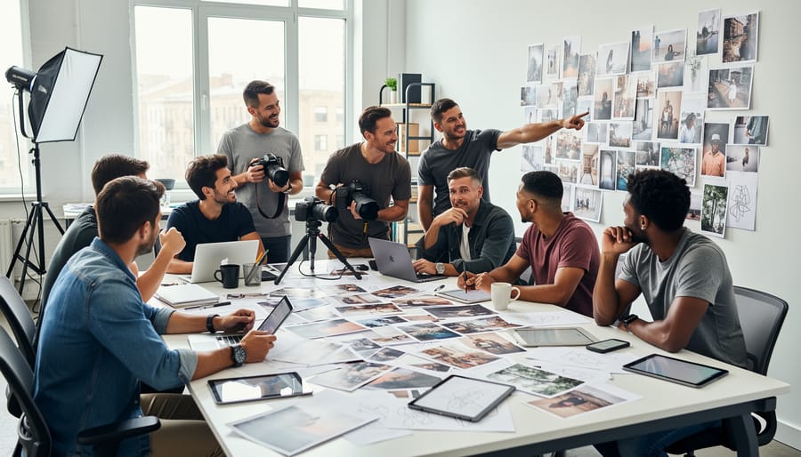 Two photographers collaborating during an outdoor photo shoot with camera and reflector