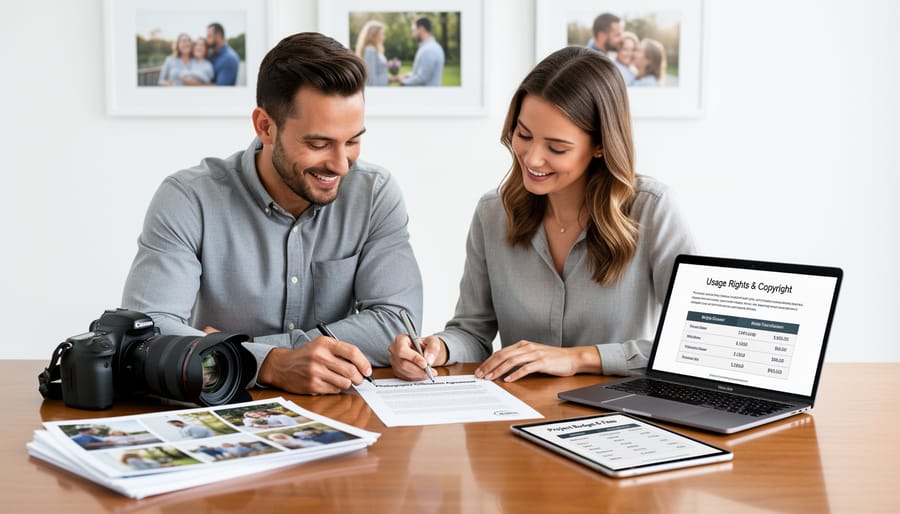 Two people shaking hands over photography collaboration agreement and contract