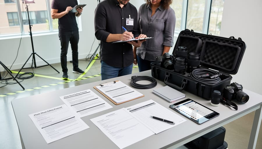 Organized photography workspace with model release forms and professional equipment