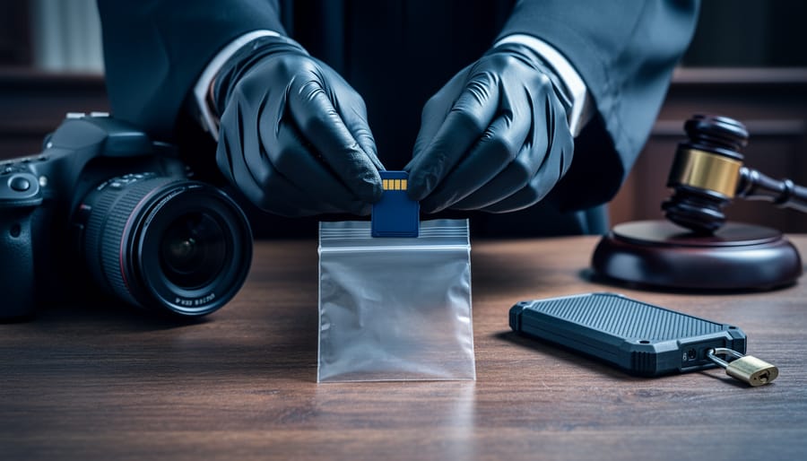 Gloved hands place an SD card into a clear bag next to a DSLR and a padlocked external SSD on a wooden table, with a blurred courtroom gavel and bench in the background.