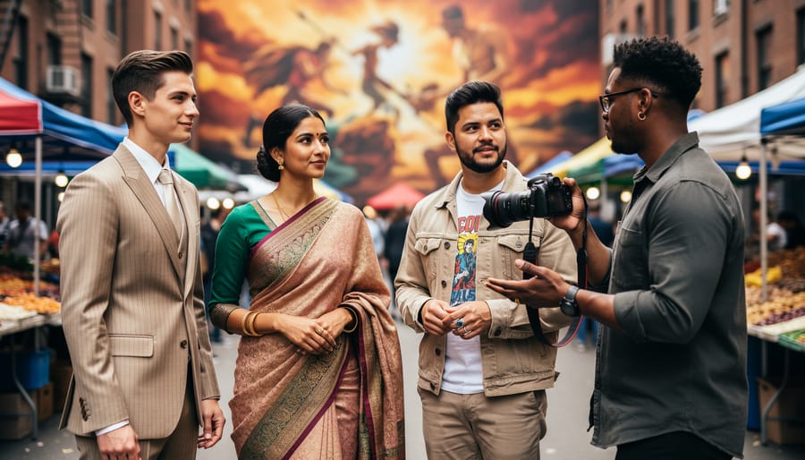 Three gender-diverse people—one in an androgynous tailored suit, one in a flowing South Asian textile drape, and one in contemporary streetwear with painted nails—stand with a photographer during a collaborative outdoor portrait session; eye-level medium-wide view, soft daylight, with a softly blurred urban market and mural backdrop.