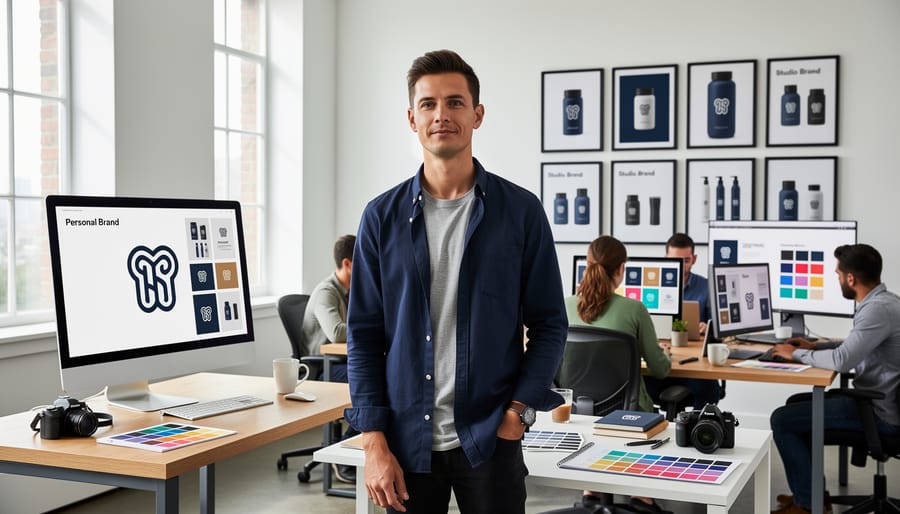Photography team collaborating together reviewing work on laptop in modern studio workspace