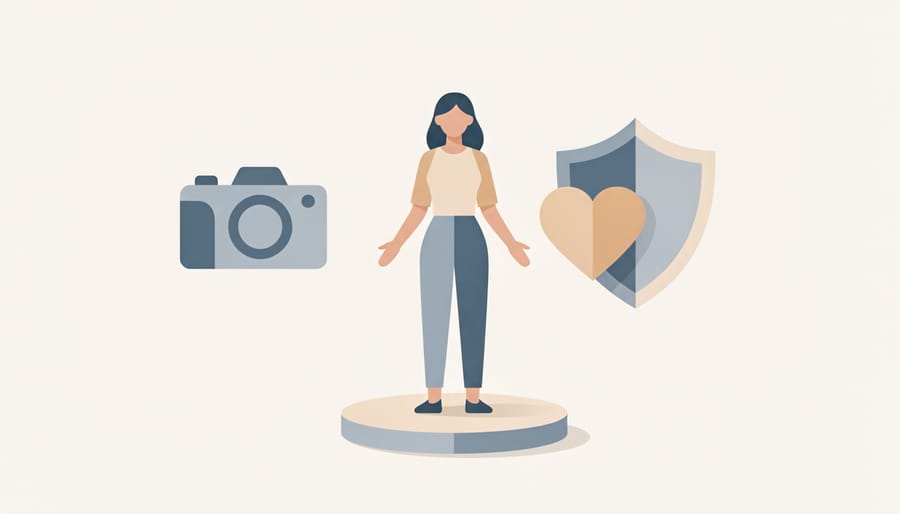 Confident model reflected in professional camera lens symbolizing trust and collaboration