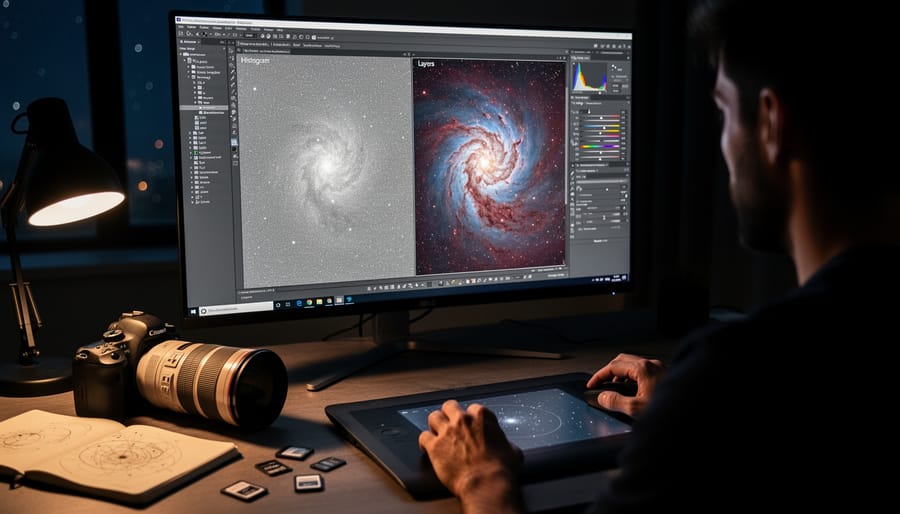 Processed nebula image displayed on laptop screen during astrophotography session