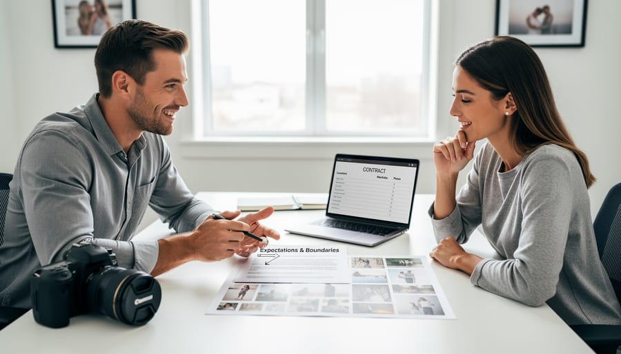 Model and photographer discussing shoot details and reviewing paperwork together