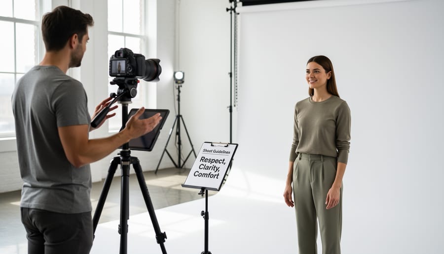 Photographer maintaining professional distance while directing model in studio setting