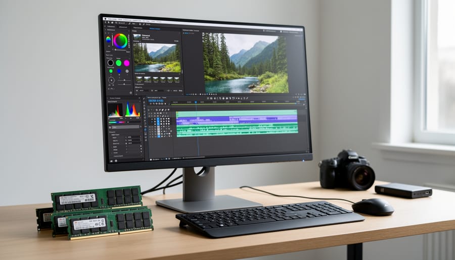 Close-up of RAM memory modules being installed in computer motherboard