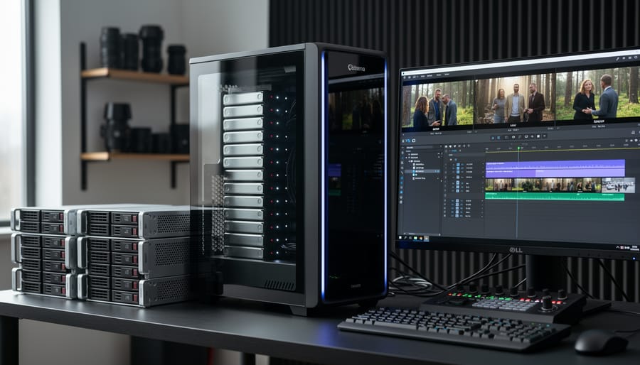 External storage drives for RAW video recording on professional editing desk