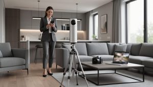 360-degree camera on a slim tripod centered in a staged modern living room while a real estate agent uses a smartphone to trigger the shot, soft daylight from right-side windows; background kitchen, an unused DSLR on a coffee table, and a laptop with a blurred panorama preview, no visible text.