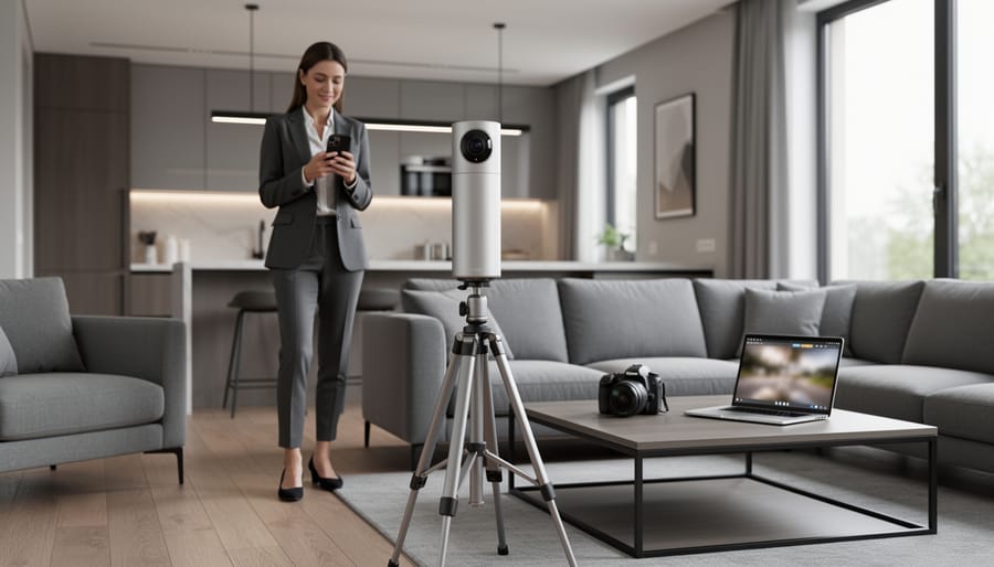 360-degree camera on a slim tripod centered in a staged modern living room while a real estate agent uses a smartphone to trigger the shot, soft daylight from right-side windows; background kitchen, an unused DSLR on a coffee table, and a laptop with a blurred panorama preview, no visible text.