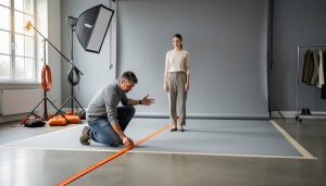 Photographer taping an orange cable cover while talking with a model in a bright studio, with sandbagged light stands, a large softbox, coiled cables, and taped floor boundaries visible under soft natural light from the left.