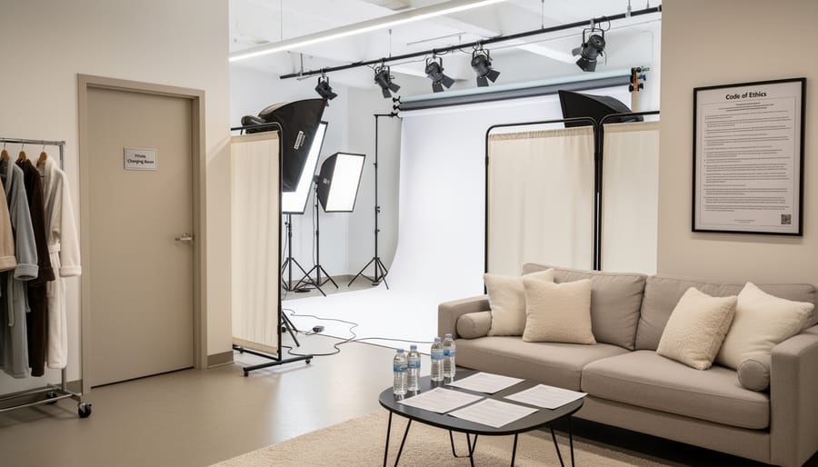 Well-organized photography studio with privacy considerations and comfort amenities
