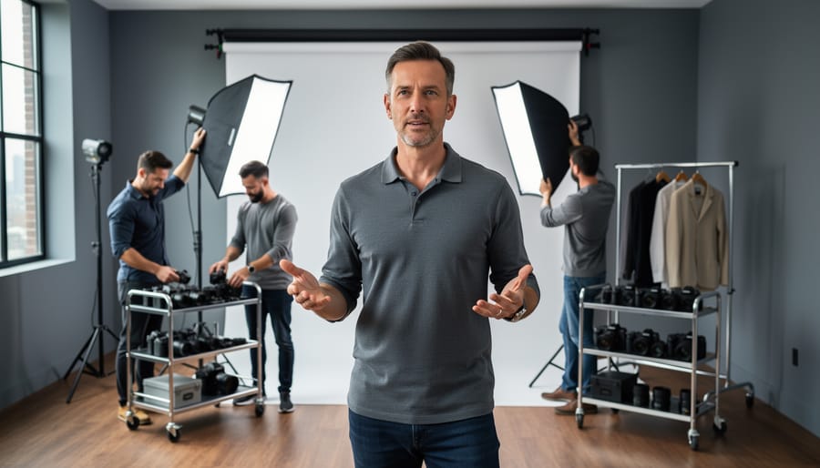 Creative director in a modern photo studio overseeing assistants setting up lights and a seamless backdrop, with organized gear in the background and soft, mixed natural and studio lighting.