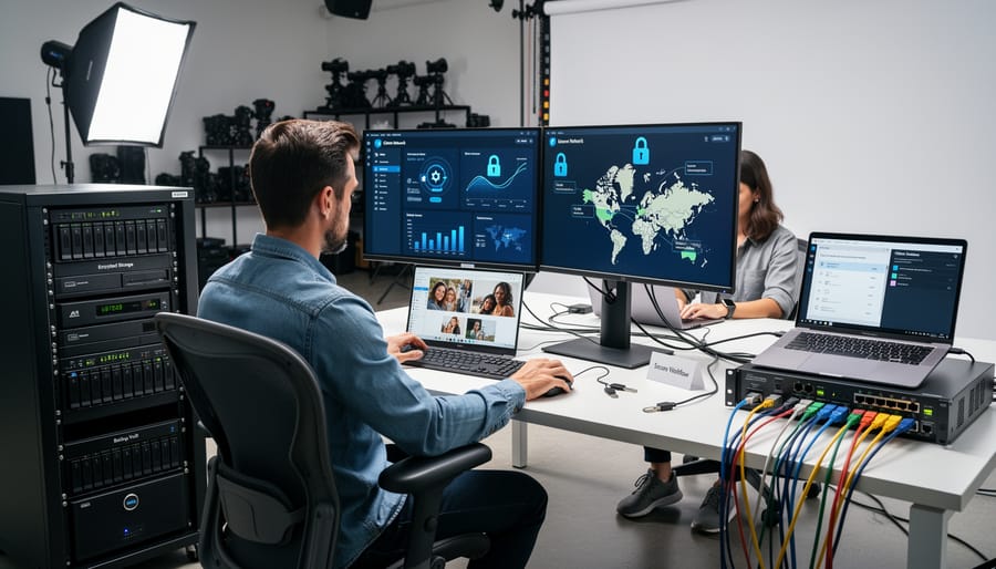 Professional photography studio workstation with secure network equipment and encrypted storage