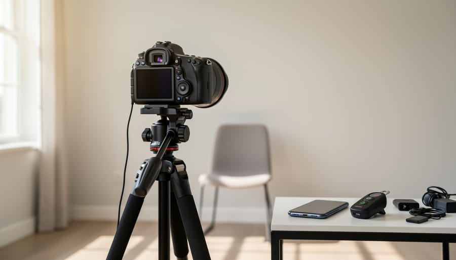 Photographer's hands holding remote trigger with camera on tripod in studio setup