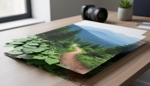 Printed forest trail photo on a wooden desk with foreground leaves, mid-ground path, and distant mountains lifting out as separated layers, shot from above in soft daylight with blurred desk items, camera lens, and a potted plant in the background.