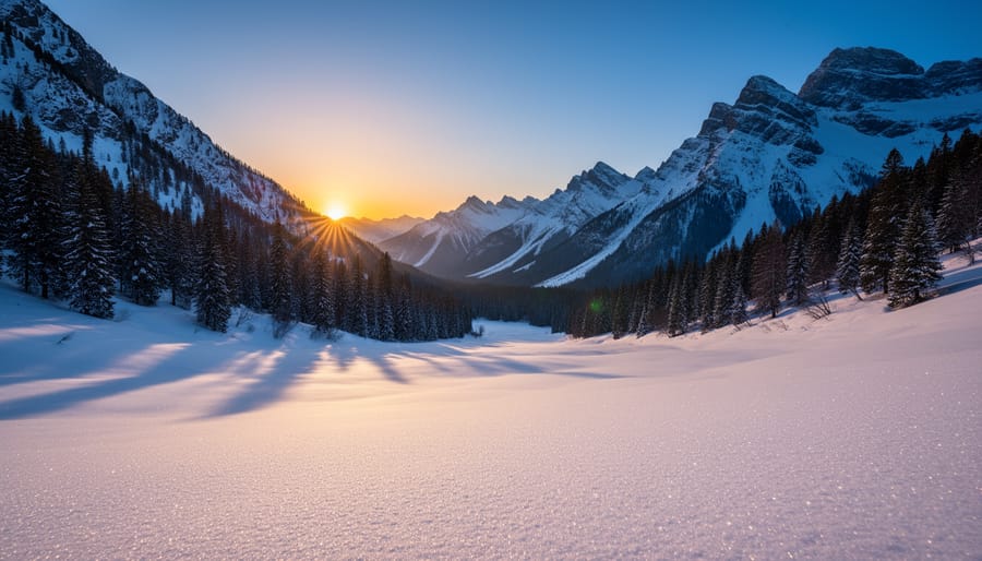 Winter landscape with bright snow and dark evergreen trees showing extreme tonal range