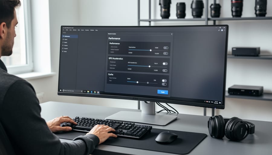 Photographer working at computer workstation optimizing photo editing software settings