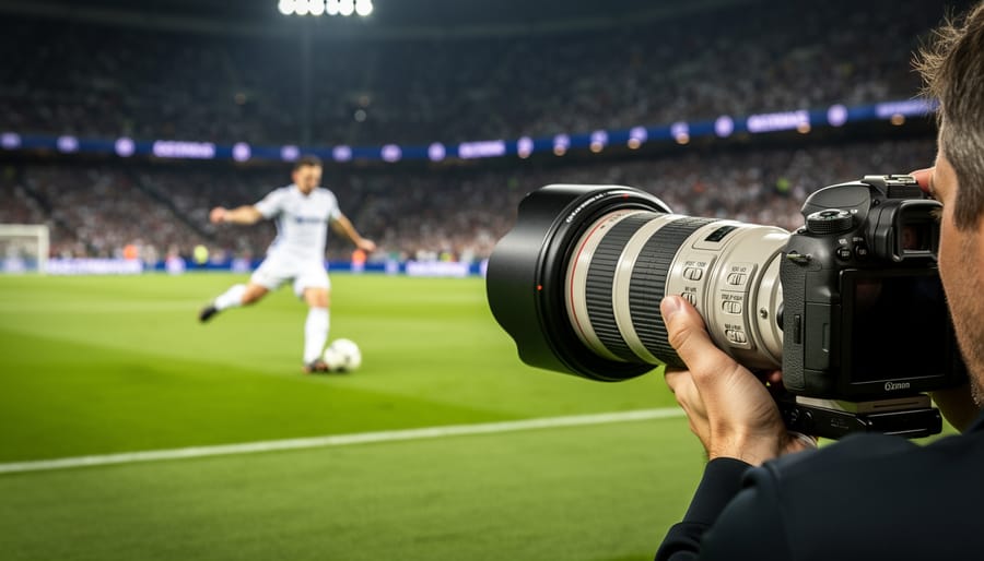 Soccer player captured mid-action with telephoto lens showing sharp detail and blurred background