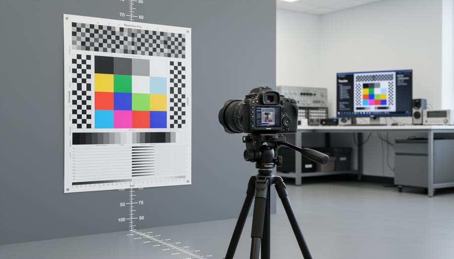 Overhead view of macro photography test setup with angled ruler and camera rail