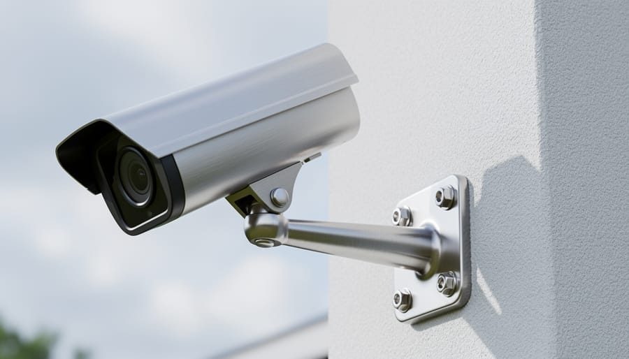 Stainless steel security camera mounting bracket installed on exterior brick wall
