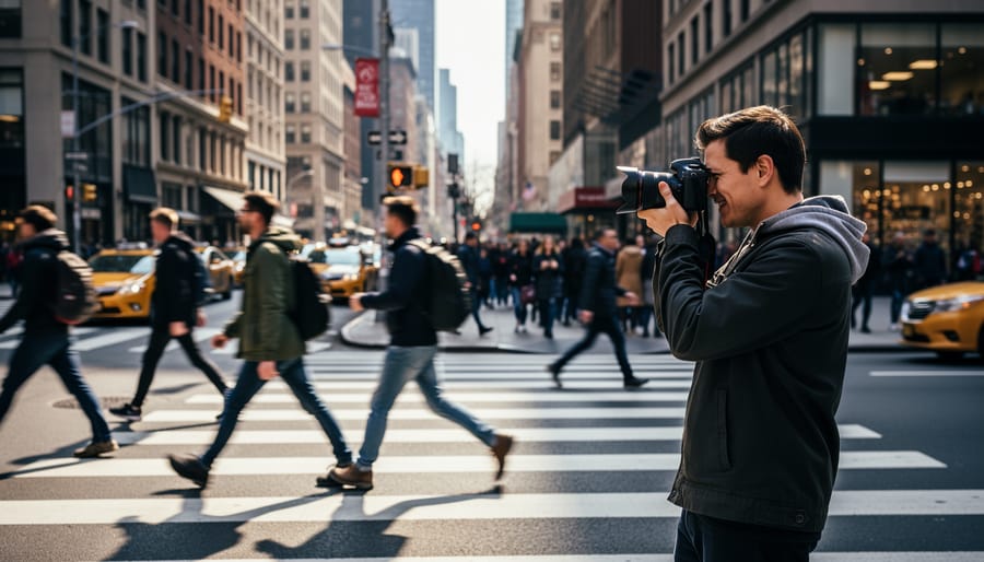 Street photography scene with people walking on busy urban sidewalk