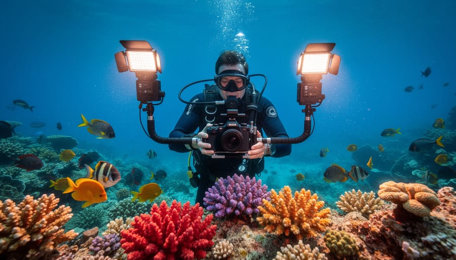 Underwater camera rig with dual strobes mounted on articulating arms in ocean environment