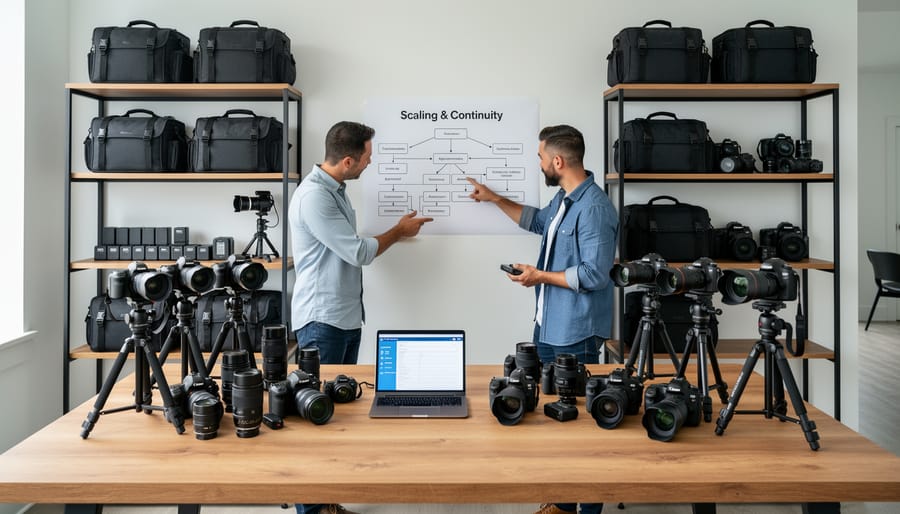 Professional photography studio showing organized duplicate camera systems and equipment on shelving