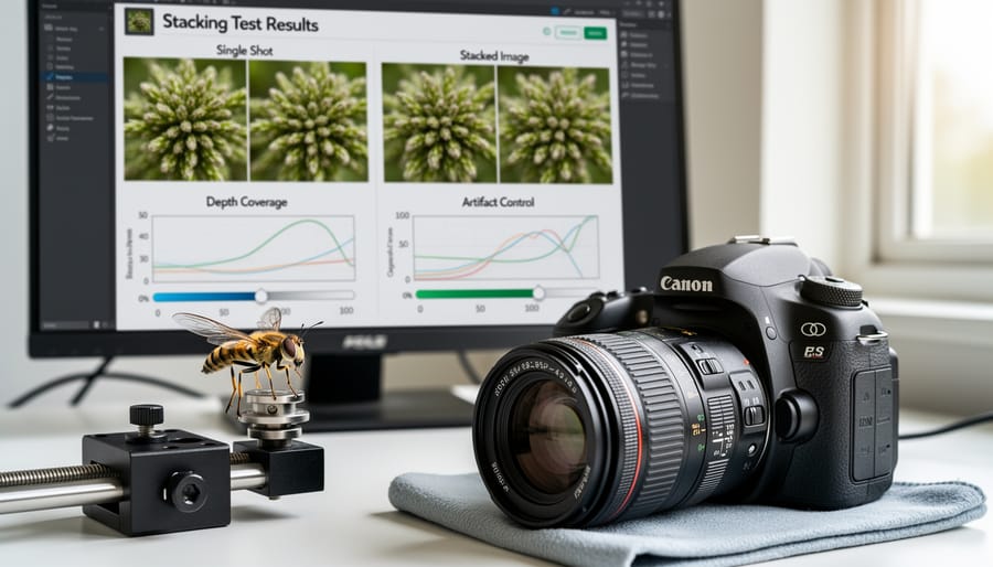 Perfectly sharp focus-stacked macro photograph of purple orchid flower with water droplets