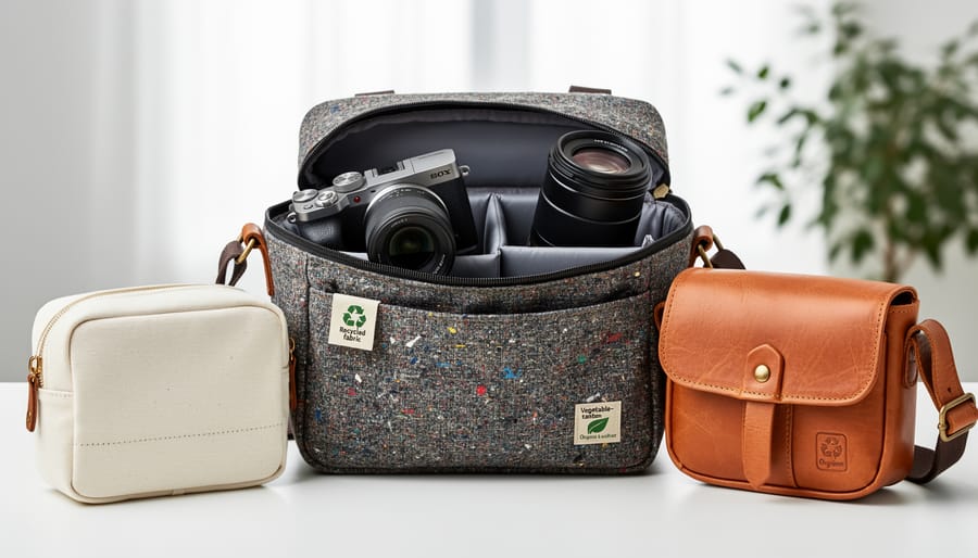 Close-up of sustainable bag materials including recycled fabric and vegetable-tanned leather samples