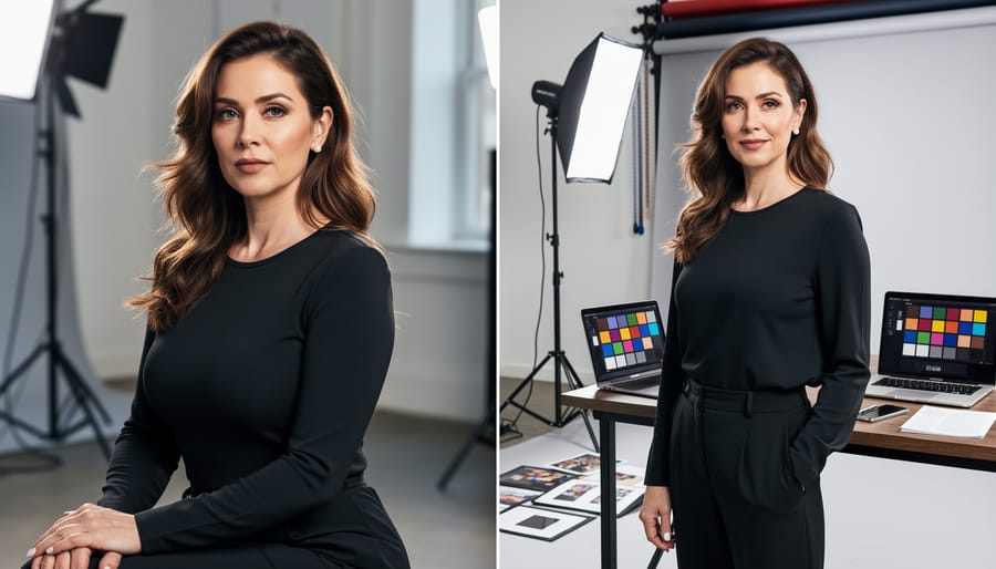 Photographer adjusting lighting equipment during portrait session showing technical considerations