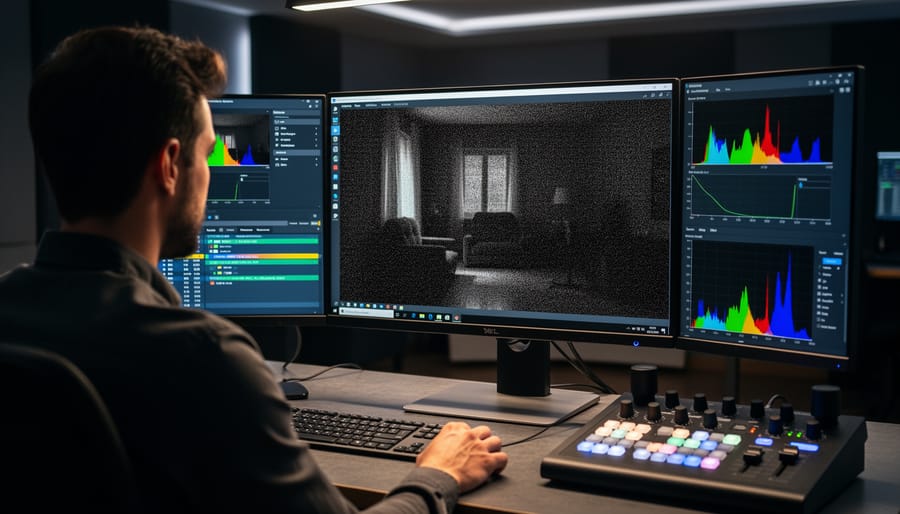 Camera screen displaying underexposed log footage with visible noise issues