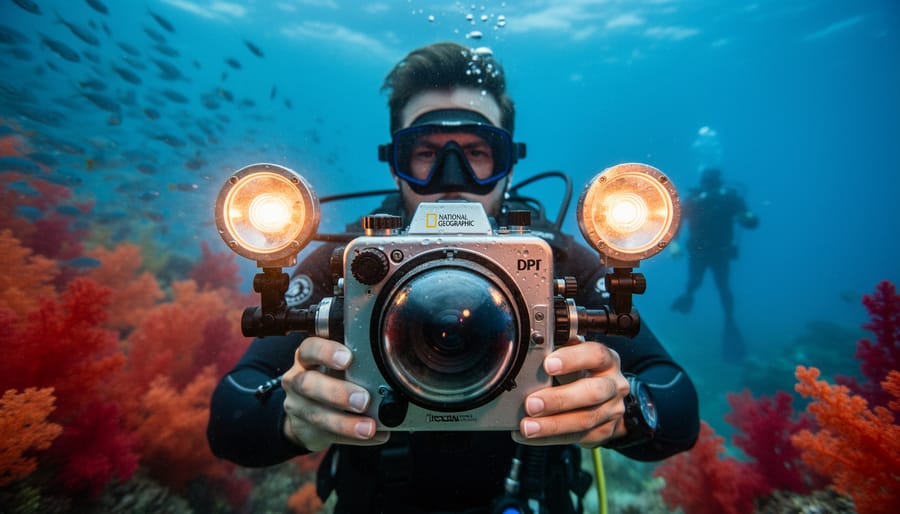 Underwater photographer at eye level holding a camera in a metal housing with a glass dome port and dual strobes, sharply focused in the foreground with blue water, blurred coral reef, and schooling fish in the background.