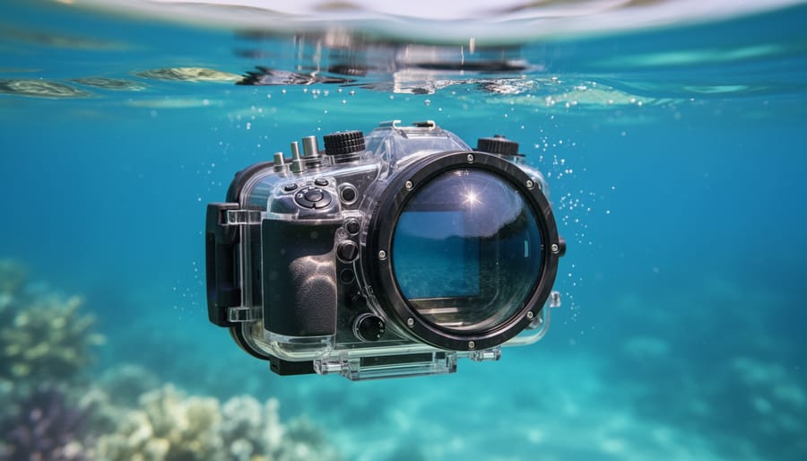 Camera in underwater housing with visible O-ring seals submerged in clear ocean water