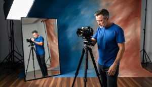Adult photographer in a studio composing an off-center self-portrait beside a tripod camera, facing a mirror and lit from the left by a softbox, with complementary blue background and orange clothing; blurred backdrop rolls and light stands create leading lines.