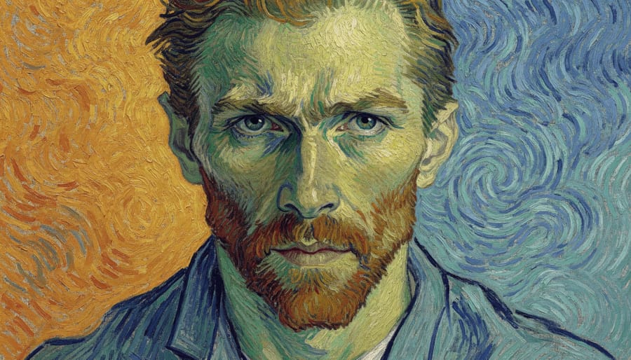 Van Gogh self-portrait painting showing direct gaze and textured brushwork