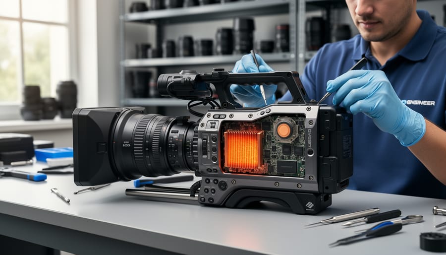 Professional video camera body showing ventilation ports and heat management features