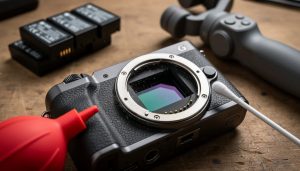 Close-up of a mirrorless camera with lens removed showing the sensor and dust near heat vents, with an air blower and cotton swab on a wooden workbench; spare batteries and a gimbal softly blurred in the background under dramatic side lighting.