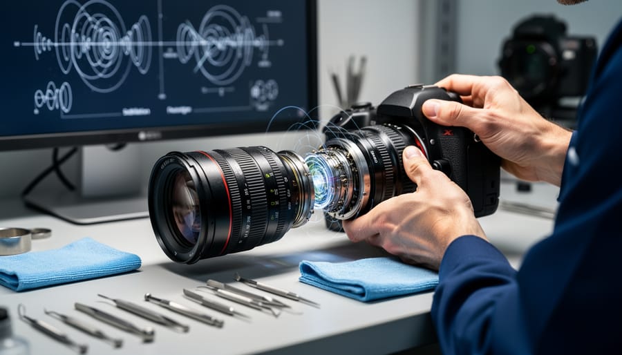 Close-up of professional cinema lens showing autofocus motor and optical elements
