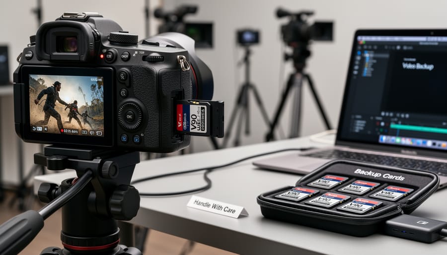 Professional memory cards showing contact pins and storage capacity for video recording