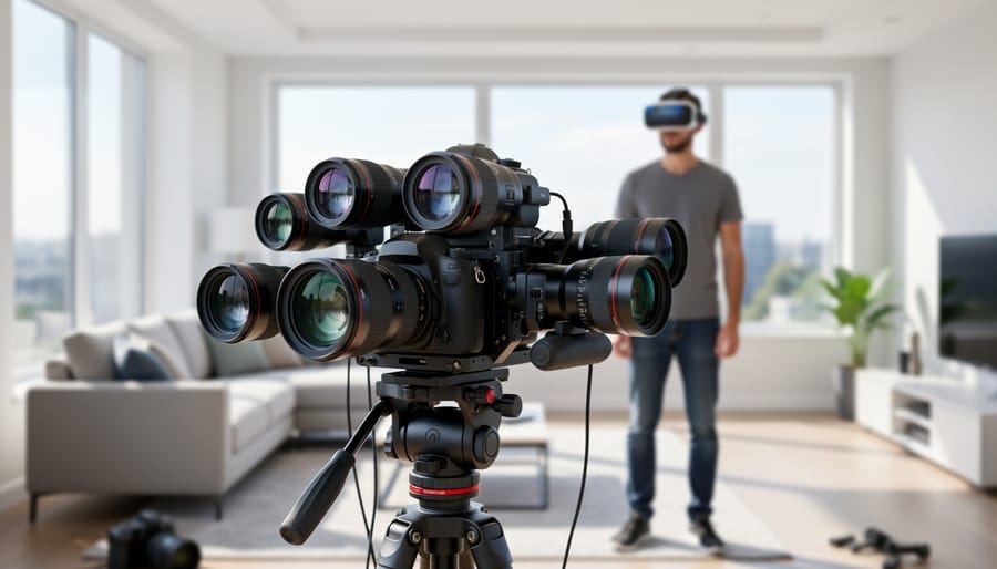 Dual camera lenses on VR photography rig showing stereoscopic capture setup