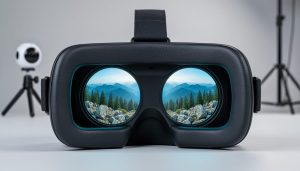 Close-up of a modern VR headset with its lenses reflecting a curved panoramic landscape showing foreground rocks, midground trees, and distant mountains, with a blurred 360 camera on a small tripod in the background under soft studio lighting.