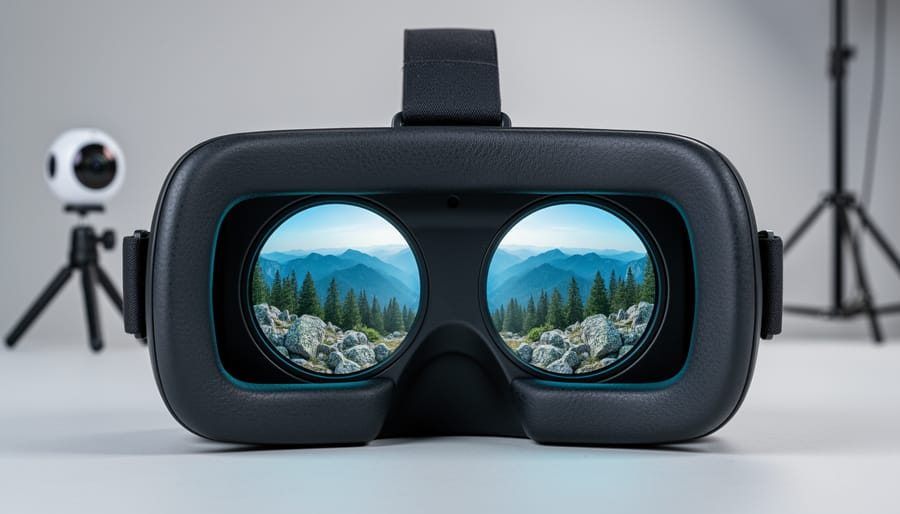 Close-up of a modern VR headset with its lenses reflecting a curved panoramic landscape showing foreground rocks, midground trees, and distant mountains, with a blurred 360 camera on a small tripod in the background under soft studio lighting.