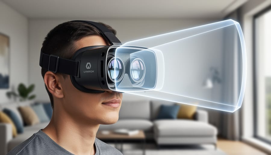 Person wearing VR headset showing lens and field of view perspective